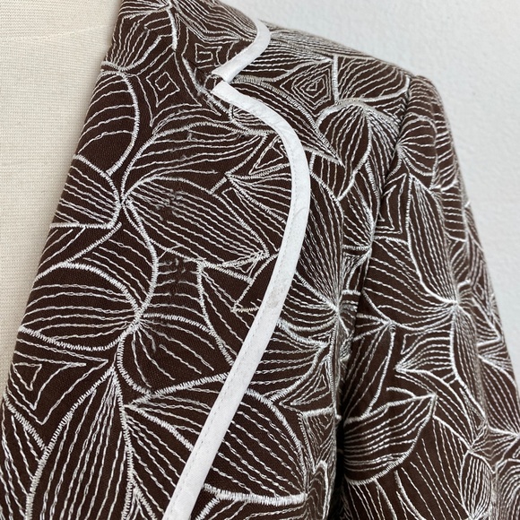 Nygard Linen Brown White Embroidered Blazer Jacket 12P Lined Hooks 3/4 Sleeves - Picture 3 of 8